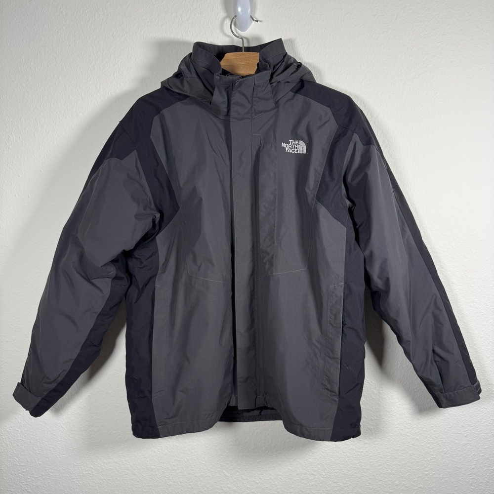 The North Face HyVent Rain Jacket Mens Size L Grey Black Waterproof Hooded Parka